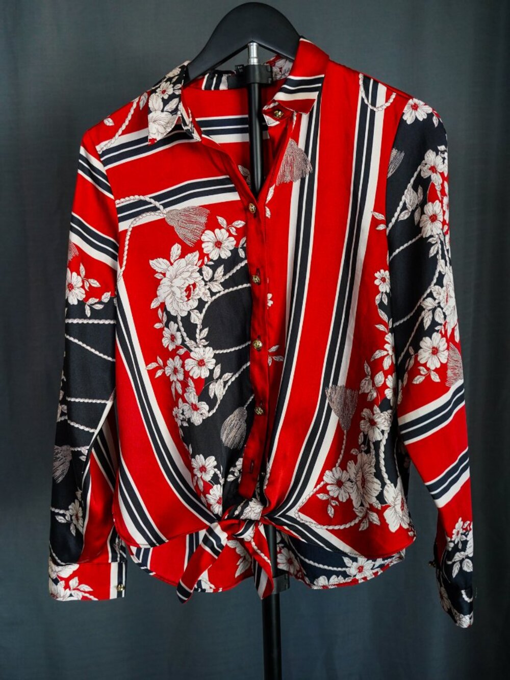 River Island button-up shirt in a vibrant red and black floral and striped print
